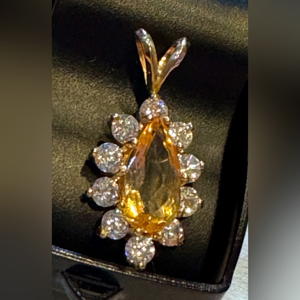 Yellow topaz teardrop pendant 14k setting w/ cubic zirconia